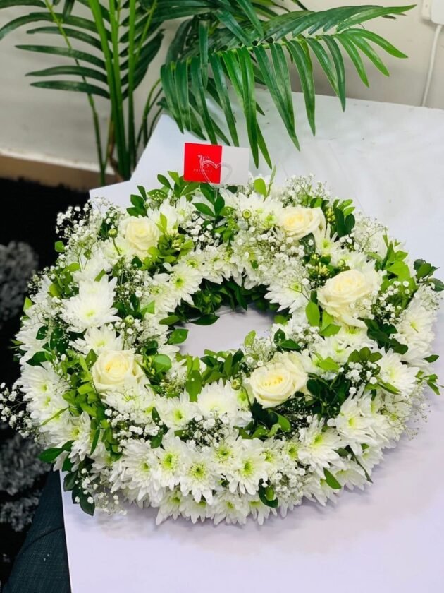 In our thoughts - White Chrysanthemum and Rose Wreath - Image 3