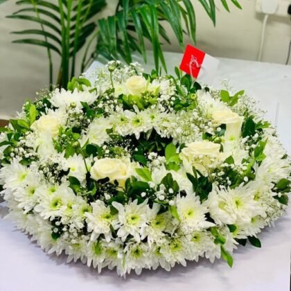 In our thoughts - White Chrysanthemum and Rose Wreath