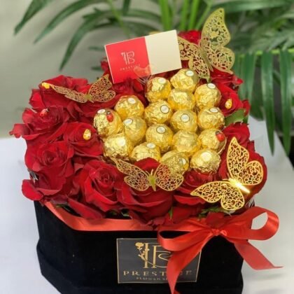 Grand Roses And Chocolate in a Heart Box